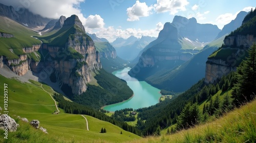 Photo of Cirque de Gavarnie in France during midday with mild sunny summer weather, captured from above, highlighting the majestic mountain landscape and peaceful surroundings.