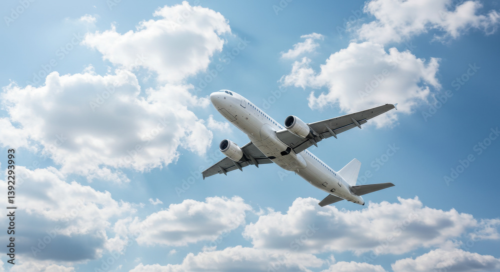 Naklejka premium Airplane soaring through a sunny sky: Aviation, travel, freedom, and the wonder of flight!