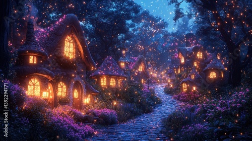 Obraz na płótnie Enchanting fairytale village at night with glowing houses and lights. w salonie