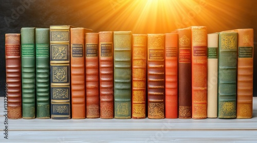 A collection of old hardbound books arranged in a row