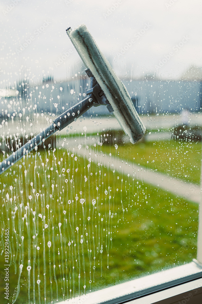 Glass cleaning with special chemicals. Cleaning service in a high-rise building.