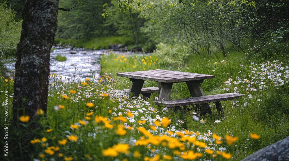 Naklejka premium Secluded riverside picnic setup with vibrant wildflowers in bloom