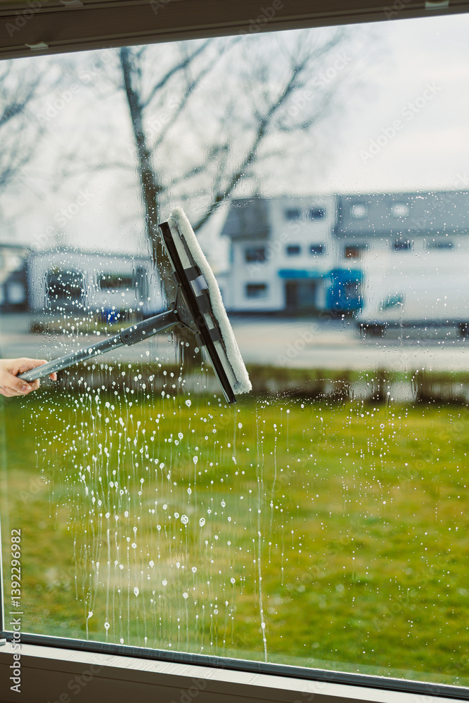 Glass cleaning with special chemicals. Cleaning service in a high-rise building.