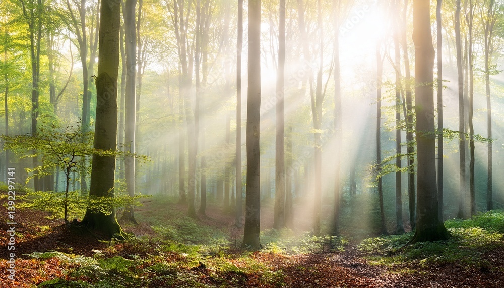 Fototapeta panorama of natural beech forest with sunbeams through morning fog