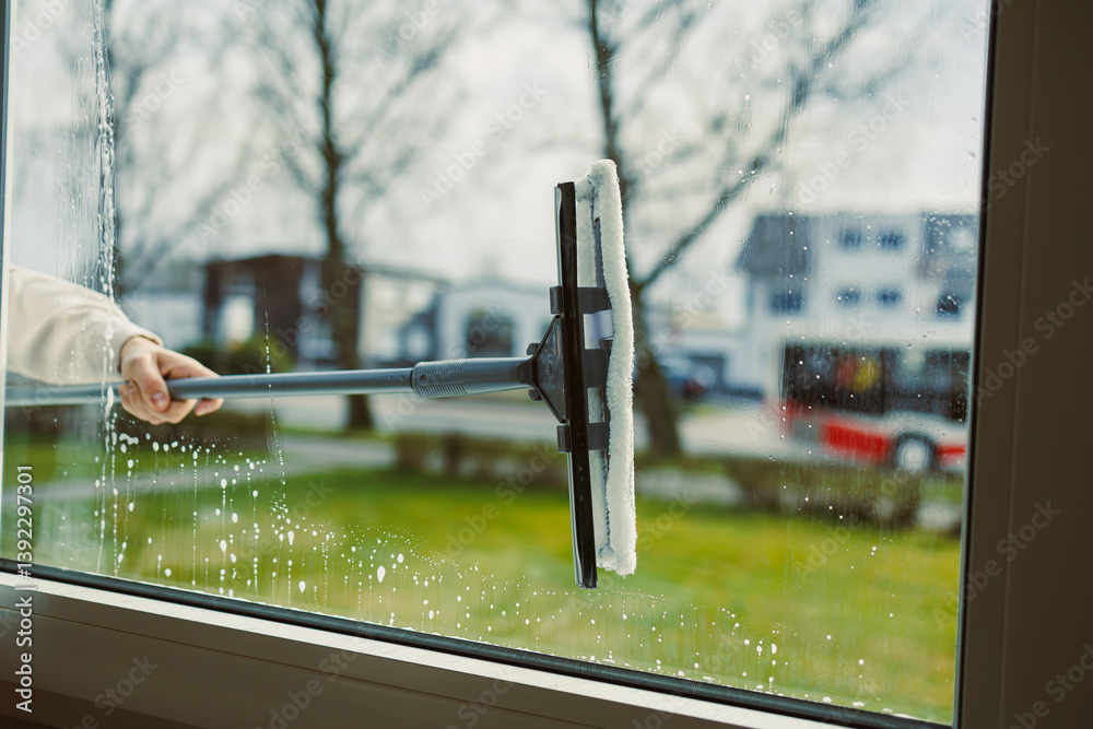 Glass cleaning with special chemicals. Cleaning service in a high-rise building.