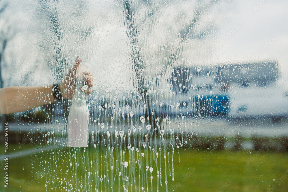 Glass cleaning with special chemicals. Cleaning service in a high-rise building.