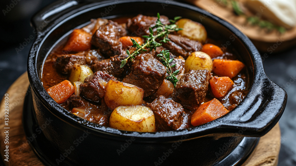 Hearty Beef Stew with Seasonal Vegetables in Cast Iron Cookware Hearty Beef Stew with Seasonal Vegetables in Cast Iron Cookware