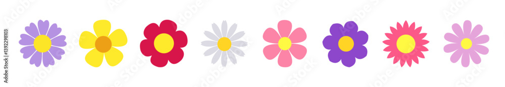 Spring flower set line. Colorful flowers collection. Daisy chamomile, sun flower, daffodil, chrysanthemum. Growing concept. Fresh and blooming elements. Flat design. Isolated. White background. Vector