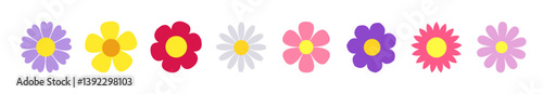 Spring flower set line. Colorful flowers collection. Daisy chamomile, sun flower, daffodil, chrysanthemum. Growing concept. Fresh and blooming elements. Flat design. Isolated. White background. Vector