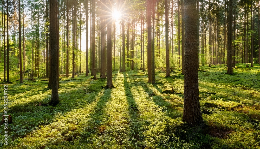 Obraz premium 65 5000 forest in spring with bright sun shining through the trees