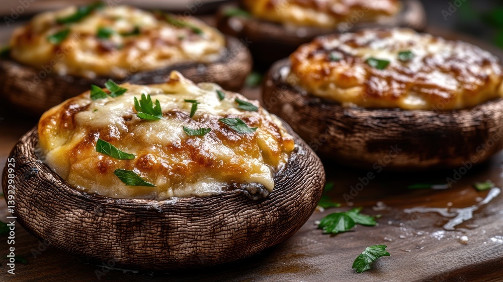 Delicious stuffed mushrooms topped with melted cheese and herbs on a wooden platter Delicious stuffed mushrooms topped with melted cheese and herbs on a wooden platter