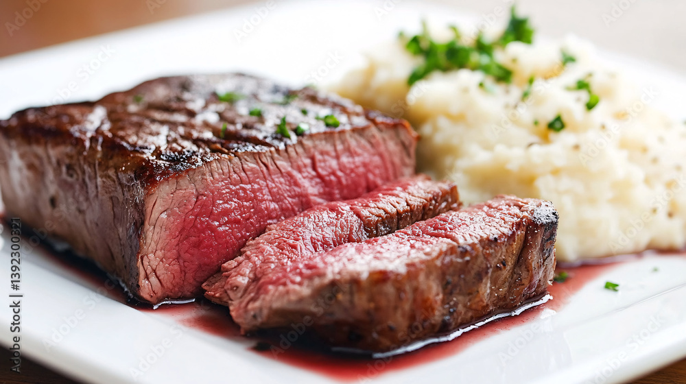 Perfectly Cooked Sous-Vide Steak with Slices and Truffle Mashed Potatoes Perfectly Cooked Sous-Vide Steak with Slices and Truffle Mashed Potatoes
