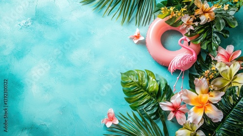 Obraz na płótnie Tropical summer background with flamingo floatie, flowers, and palm leaves. w salonie