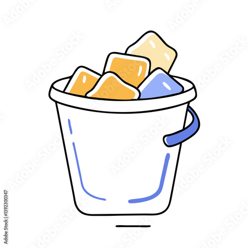 Ice bucket filled with colorful ice cubes on a white background  