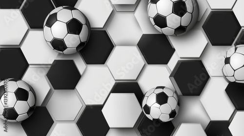 Seamless black and white hexagon pattern with classic soccer balls, abstract vector football background with honeycomb design, ideal for sport-themed wallpaper, flooring, or tile decoration