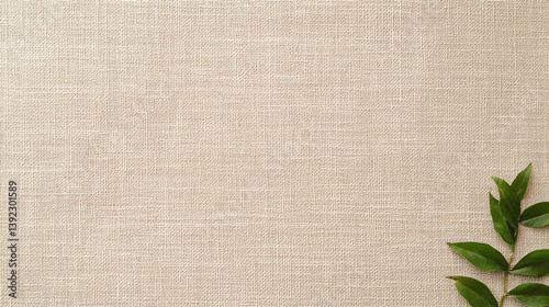 Beige Linen Fabric with Green Leaves on Simple Neutral Background