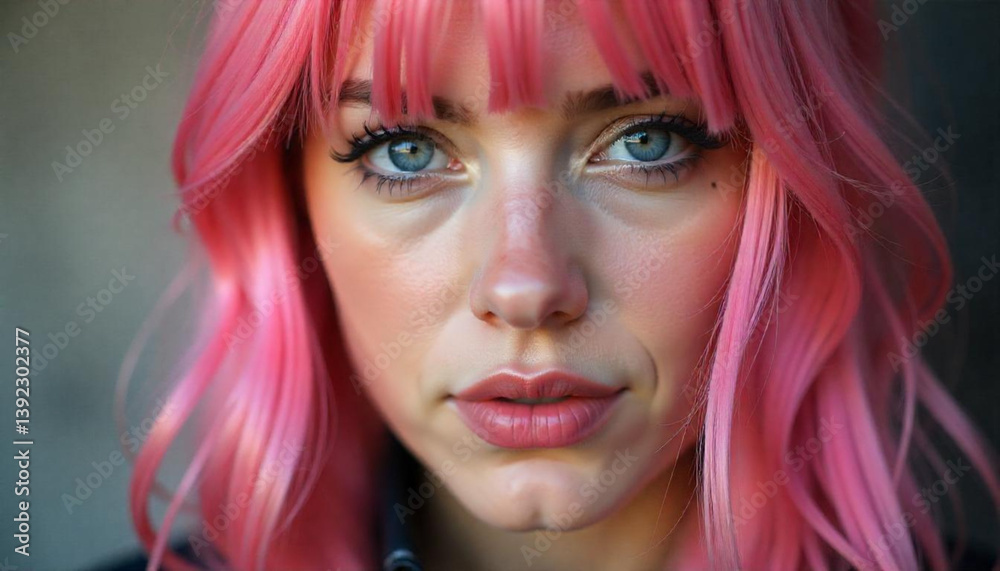 A close-up portrait of a woman with vibrant pink hair, showcasing a neutral expression, green eyes,looking at camera