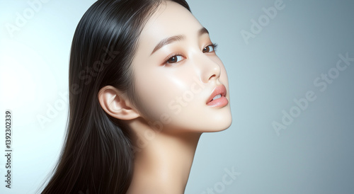 美しいフェイスラインの女性の横顔。艶のある美肌にフォーカスした美容広告イメージ。シックなグレー背景。
