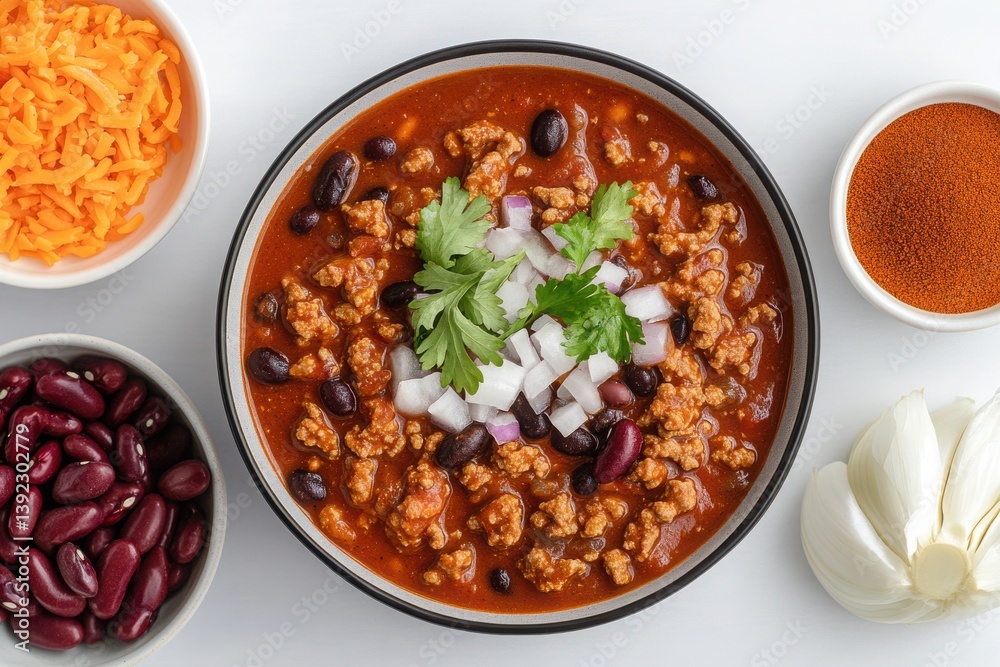 Delicious turkey chili with toppings in a modern bowl Delicious turkey chili with toppings in a modern bowl