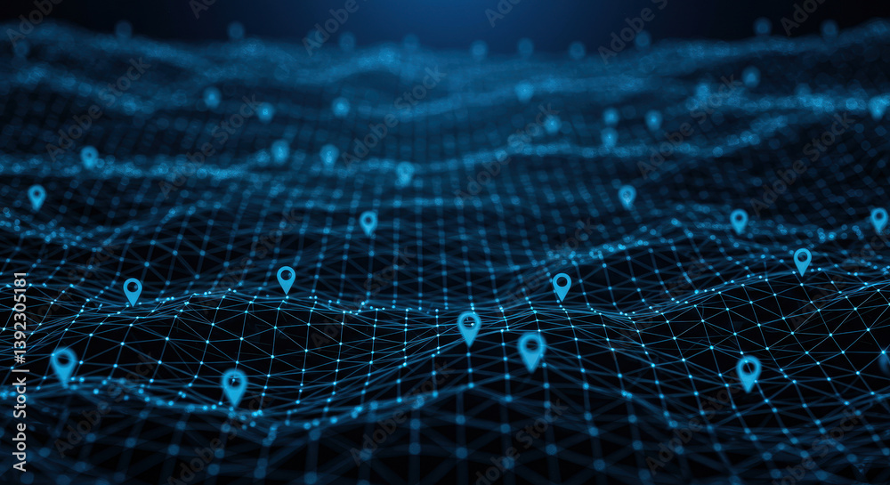 Obraz premium Blue Network: Connectivity, Location Pins, Data Mesh, & Technology Abstract. Digital World Connections!