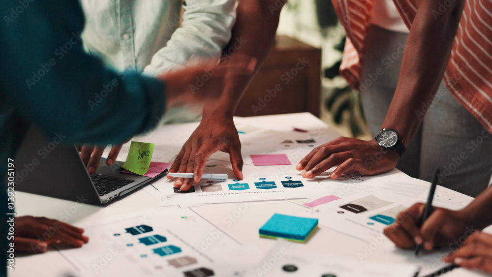 Fototapeta premium People, hands and planning with documents for design, strategy or brainstorming on office desk. Group, employees or creative designers working together with paperwork, notes or ideas at workplace