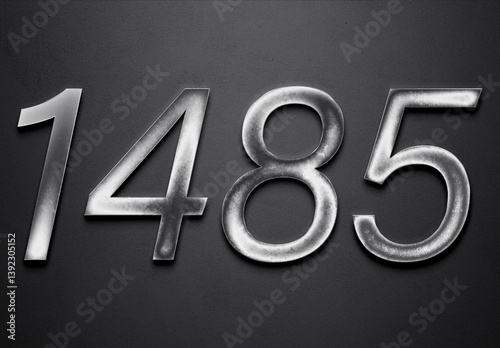 Chrome metal 3D number design of 1485 on grey background.
