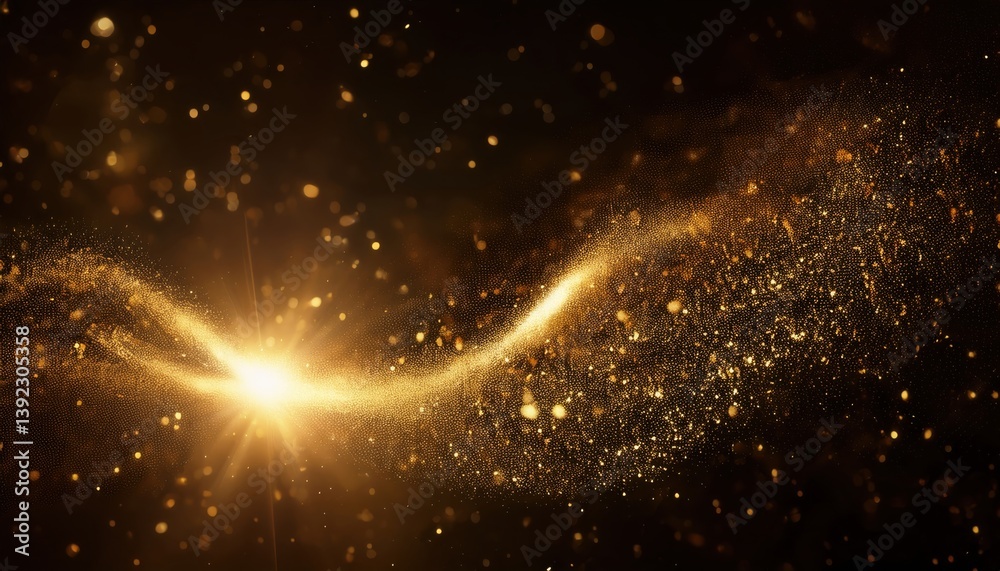 Obraz premium Golden Dust Trail: A breathtaking abstract composition unveils a radiant golden trail swirling through the expansive darkness. The image shimmers with ethereal beauty. 