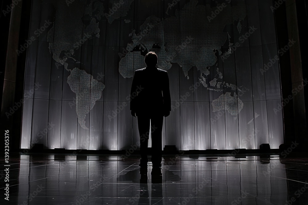 Obraz premium Silhouette of a man against a world map backdrop in monochrome.