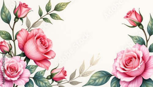 Delicate watercolor roses & leaves, soft blush tones, wallpaper, fabric, texture