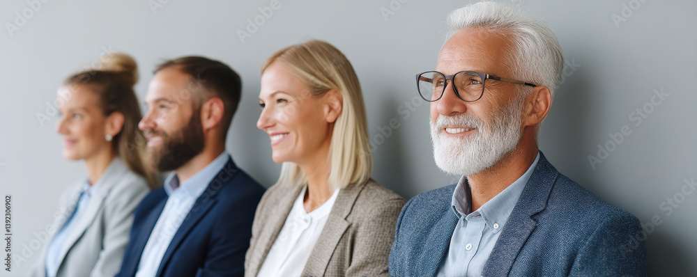 Fototapeta premium Diverse group of professionals in business attire smiling while sitting in a row against a neutral background, showcasing teamwork and engagement
