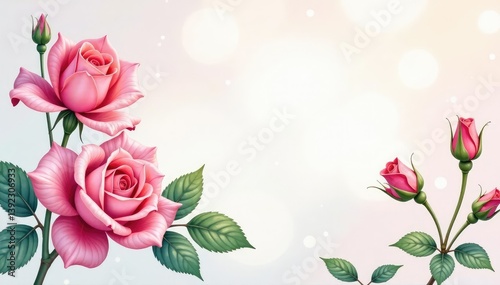 Delicate watercolor roses, leaves, and buds in pastel hues , romantic, watercolor
