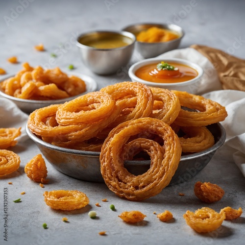 Crispy Fafda with sweet jalebi is an Indian snack most popular in Gujarat, selective focus

