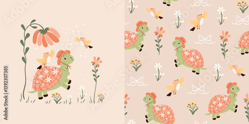 Modern children's print and seamless pattern with a cute hand-drawn turtle in a hat and birds. Vector design for baby bedding, fabric, wallpaper, wrapping paper and more.