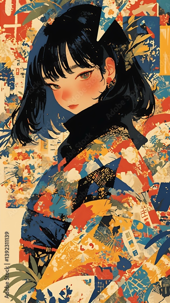 Kimono Girl, Floral Tapestry, Artistic Portrait of excellence in splendor beyond compare with grace Kimono Girl, Floral Tapestry, Artistic Portrait of excellence in splendor beyond compare with grace