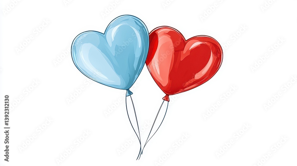 Two Heart Shaped Balloons Red and Light Blue Floating on White Background Two Heart Shaped Balloons Red and Light Blue Floating on White Background
