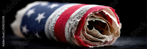 Worn American Flag Rolled Up on Black Surface With Subtle Textures and Shadows Creating A Dramatic Look