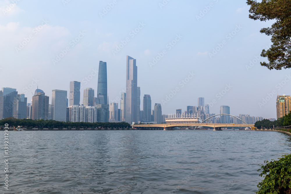 View of Pearl River building complex in Guangzhou, Guangdong Province, China View of Pearl River building complex in Guangzhou, Guangdong Province, China