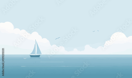 Minimalist Calm Ocean with Sailboat and Clouds Vector Illustration