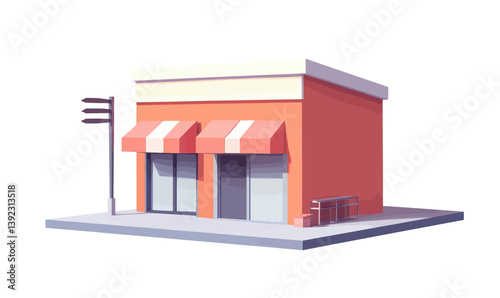 Minimalist 3D Vector Illustration of Street Shop Building with Striped Awnings