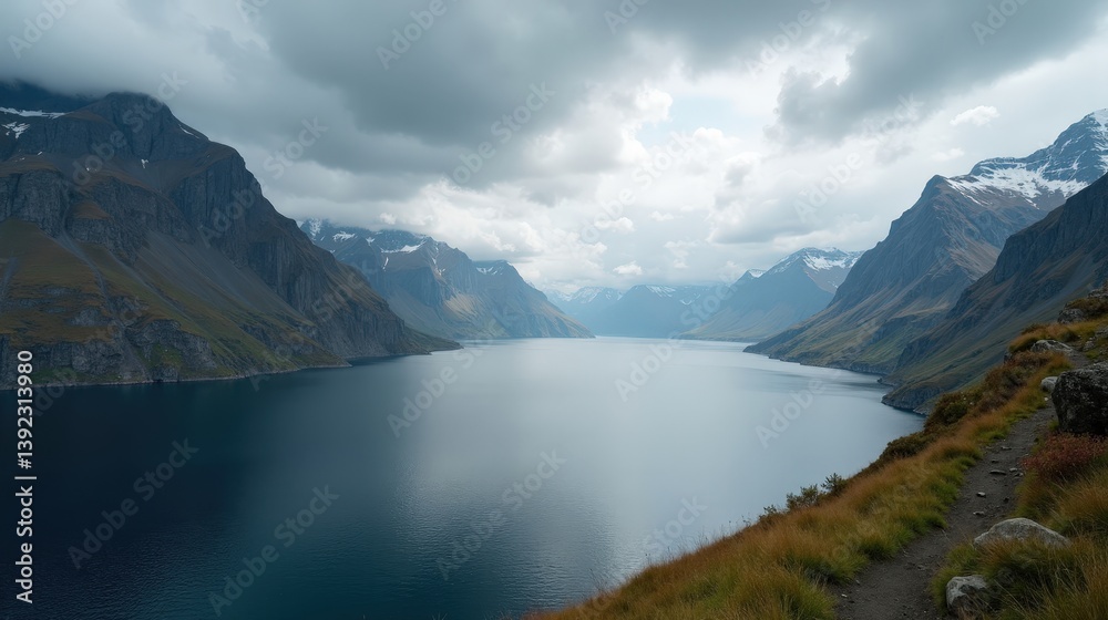 Fototapeta premium High-quality photo of a scenic location in Norway at midday with cloudy skies, shot from a panoramic perspective.