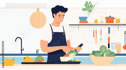 Modern Minimalist Home Cooking: Man Prepares Healthy Meal in Stylish Kitchen