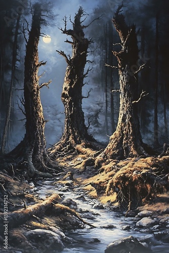 Moonlit Forest Stream, Ancient Trees, Mystical Path of excellence in splendor beyond compare