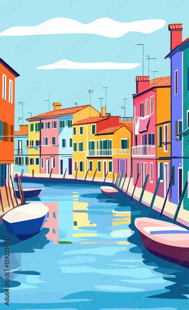 Fototapeta premium Retro Travel Poster of Burano Italy with Colorful Canal Buildings for Summer Vacations