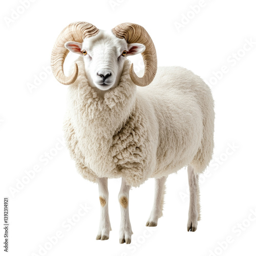 Majestic ram with large curled horns standing proudly in a natural setting isolated on transparent background, cutout png photo