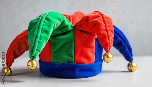 Vibrant jester hat with bells on white background, festive celebration