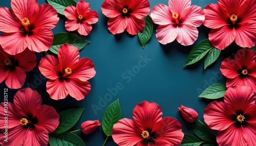 Bold hibiscus blossoms arranged in hexagonal tessellation , bright, hexagon, tropical