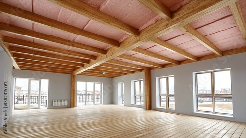 Pink insulation layer fitted between timber joists of house floor, modern home upgrade supporting energy conservation