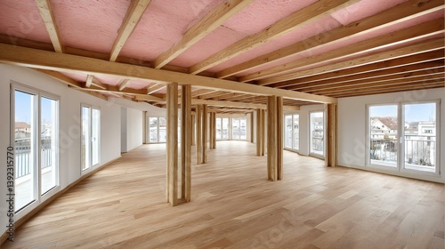 Pink insulation layer fitted between timber joists of house floor, modern home upgrade supporting energy conservation