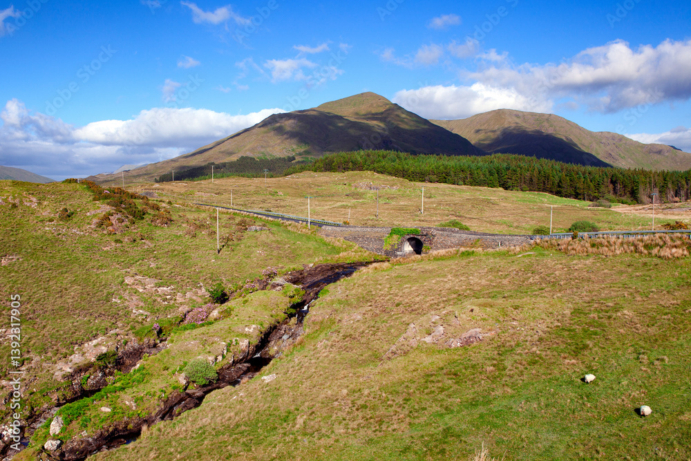 A scenic Irish countryside with rolling green hills, and a stone bridge over a small stream under a blue sky.