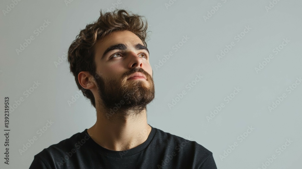 Obraz premium Man Looking Upward with Thoughtful Expression in Casual Studio Portrait